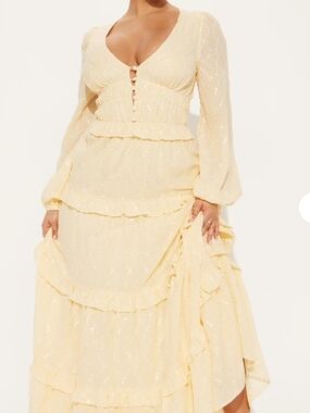 Fashion Nova Pale Yellow Tiered Maxi Dress with Button Front